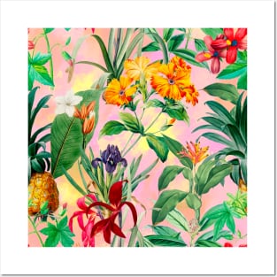 Colorful tropical floral leaves botanical illustration, tropical plants,leaves and flowers, pink leaves pattern Posters and Art